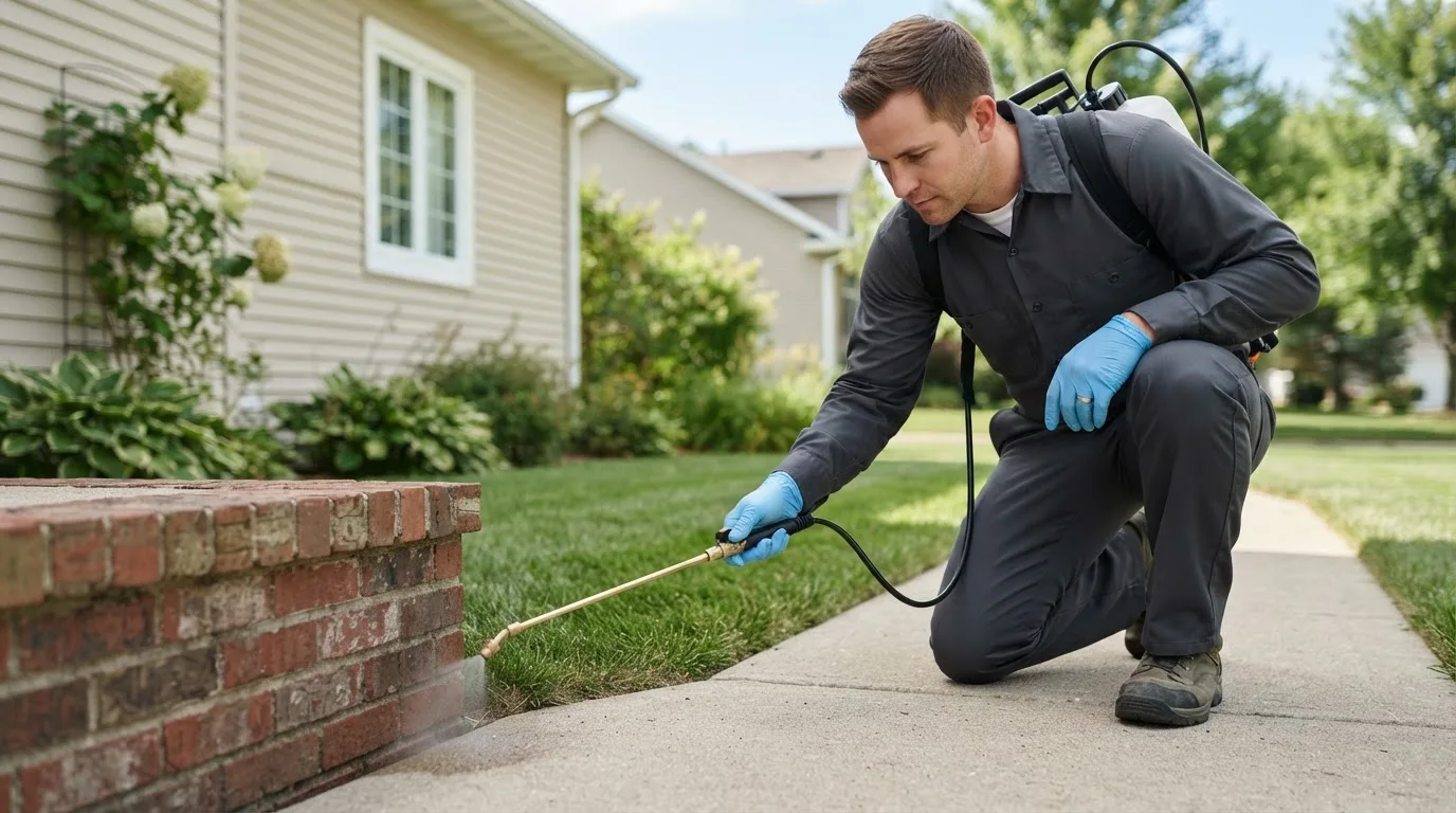 Pest control technician treating a home near Warner, SD